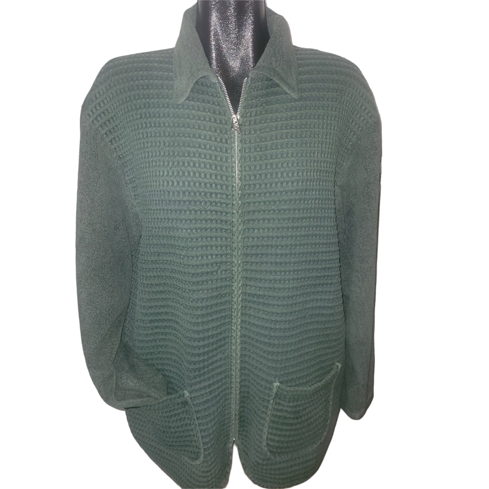 Au Coton Vintage 90's Leaf Green Textured Waffle Knit Zip-Up Sweater
